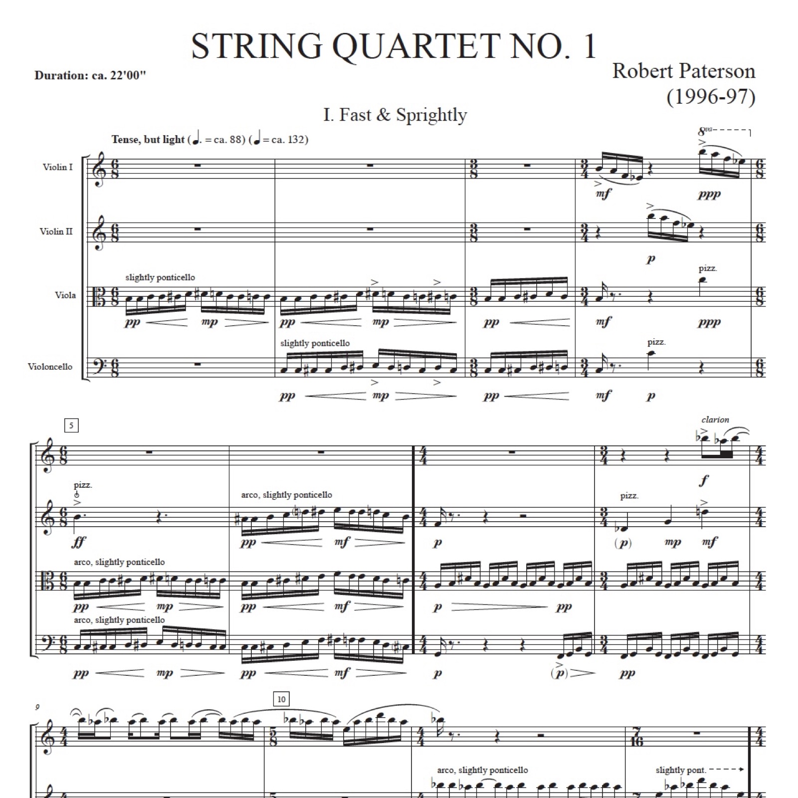 Score excerpt from Robert Paterson's String Quartet No. 1